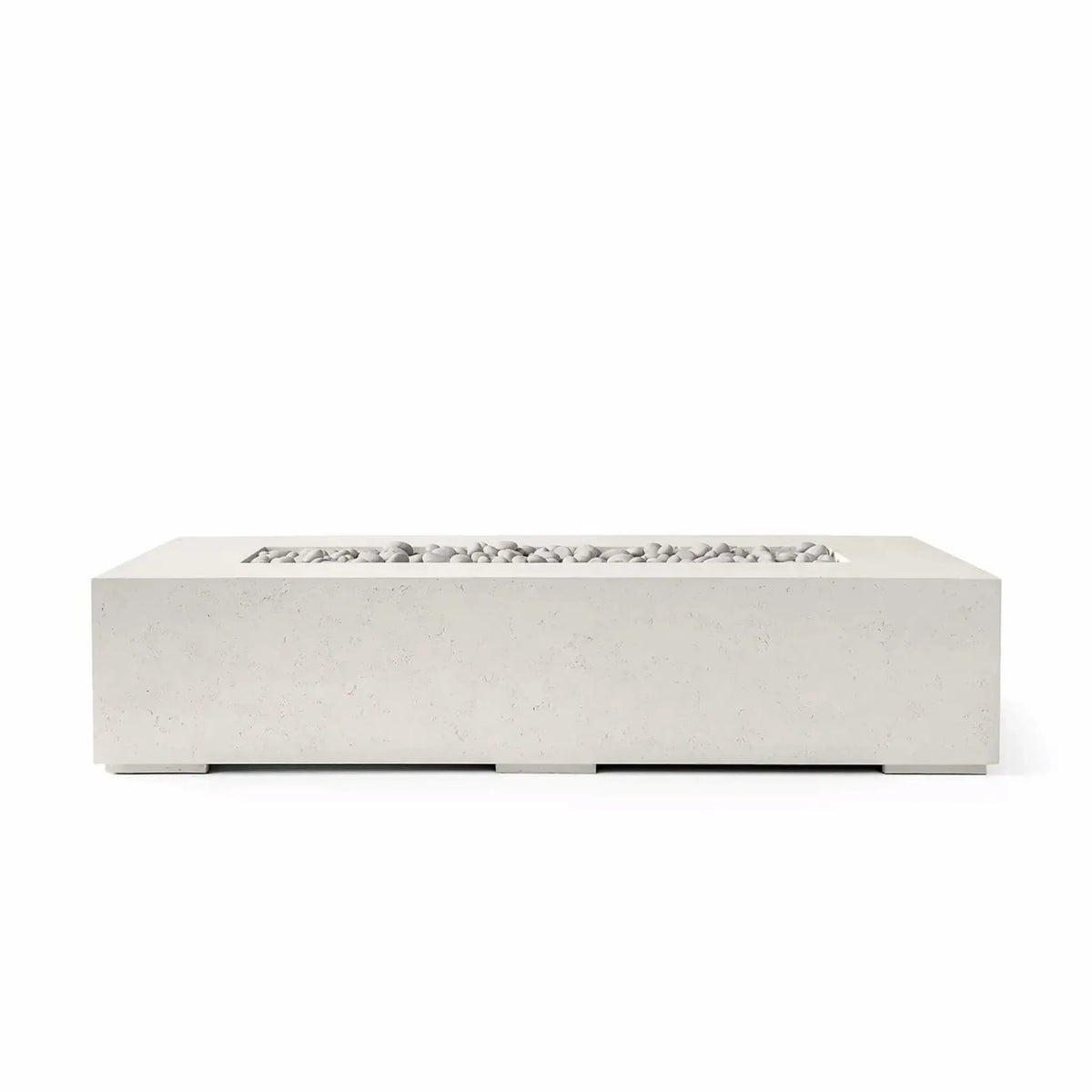 Front product view of the Dekko GFRC Concrete Sonoma 72 x 33 Fire Pit in the Limestone finish with Ivory Stone fire media. The rectangular outdoor fire pit features a clean, modern profile with a recessed burner area filled with smooth ivory-colored stones. Displayed on a white background, this image highlights the Sonoma fire pit’s contemporary GFRC concrete construction and elegant neutral color palette.