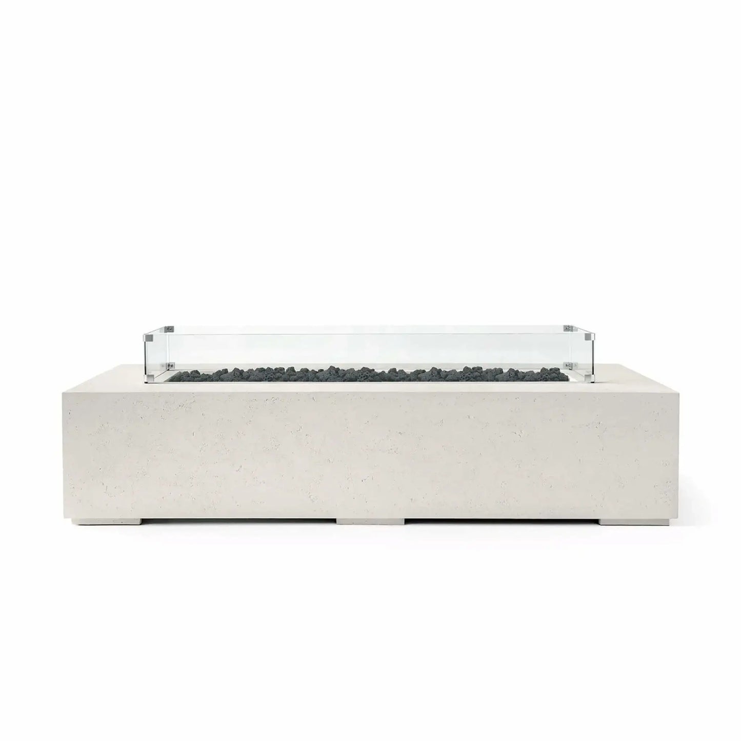 HPC Fire Hearth Products Controls Dekko GFRC Concrete Sonoma 72 x 33 Fire Pit in Limestone finish featuring black lava rock fire media and a clear tempered glass wind guard. This rectangular outdoor fire pit table showcases durable GFRC concrete construction, clean architectural lines, and a contemporary low-profile design ideal for patios, rooftop terraces, luxury outdoor lounges, and modern backyard living spaces.