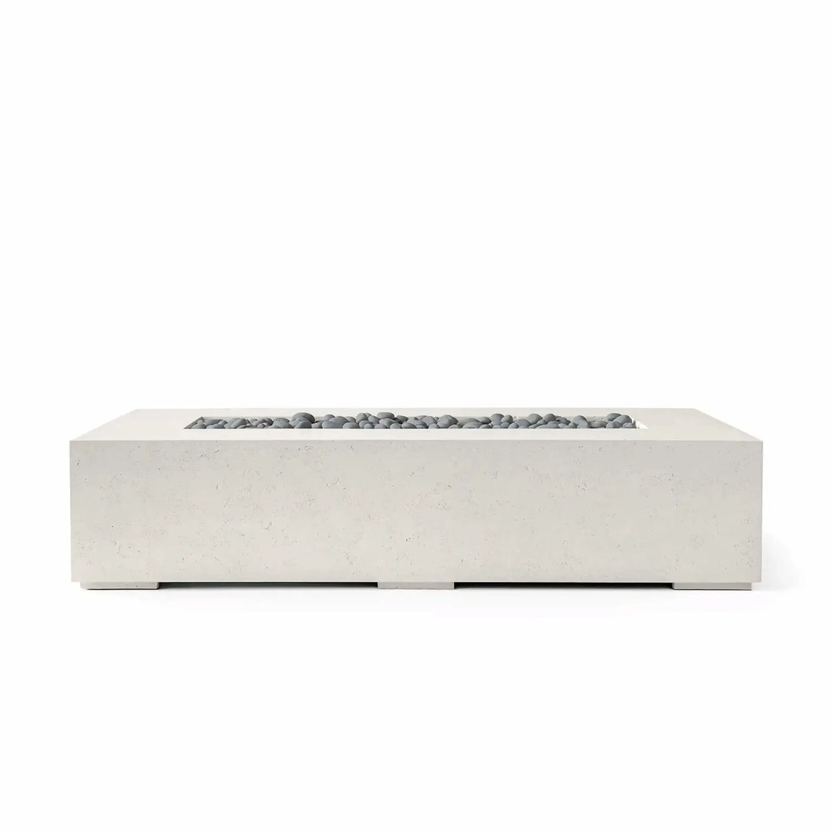 The Dekko GFRC Concrete Sonoma 72 x 33 Fire Pit in Limestone finish is displayed with Slate Stone fire media. This front-facing product image highlights the fire pit’s sleek rectangular shape, durable GFRC concrete construction, and recessed burner tray filled with smooth gray slate stones. The clean white background allows the Sonoma fire pit’s modern design and premium finish options to stand out.