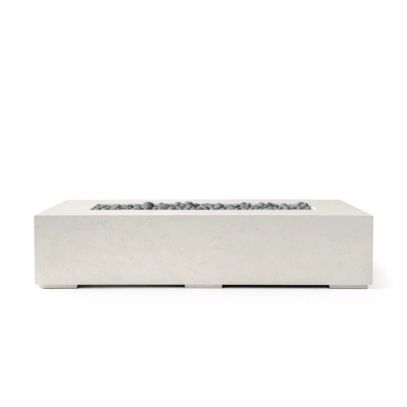 The Dekko GFRC Concrete Sonoma 72 x 33 Fire Pit in Limestone finish is displayed with Slate Stone fire media. This front-facing product image highlights the fire pit’s sleek rectangular shape, durable GFRC concrete construction, and recessed burner tray filled with smooth gray slate stones. The clean white background allows the Sonoma fire pit’s modern design and premium finish options to stand out.
