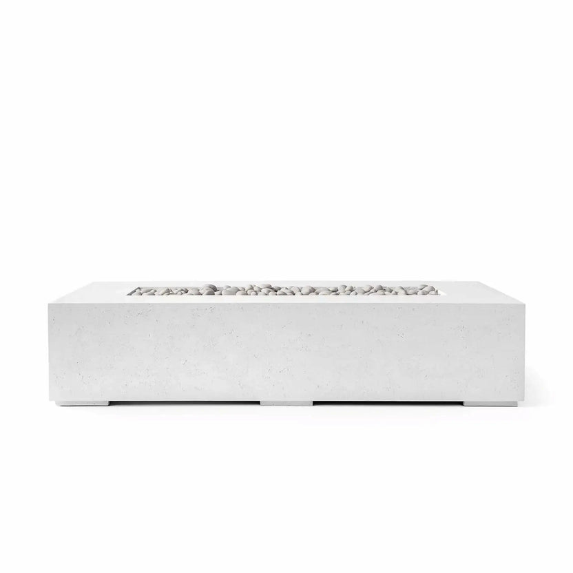 Front elevation product image of the Dekko Sonoma 72 x 33 GFRC Concrete Fire Pit in the Natural concrete finish with Ivory Stone media. The rectangular fire pit features a streamlined contemporary design with a recessed burner opening filled with decorative ivory stones. Displayed against a white background, this image showcases the subtle texture and natural coloration of the Sonoma GFRC concrete fire pit.