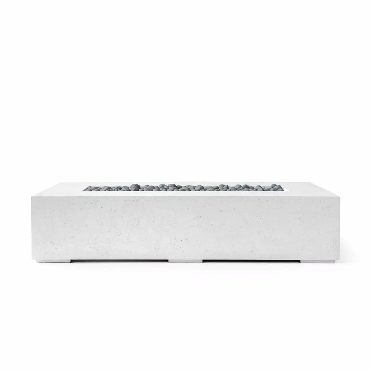Studio product photograph of the Dekko Sonoma 72 x 33 GFRC Concrete Fire Pit in a Natural finish with Slate Stone media. The sleek rectangular fire pit features a recessed burner opening lined with smooth gray slate stones, creating a refined contemporary look. Presented on a white background, the image showcases the Sonoma fire pit’s clean lines, premium GFRC concrete construction, and customizable media options.