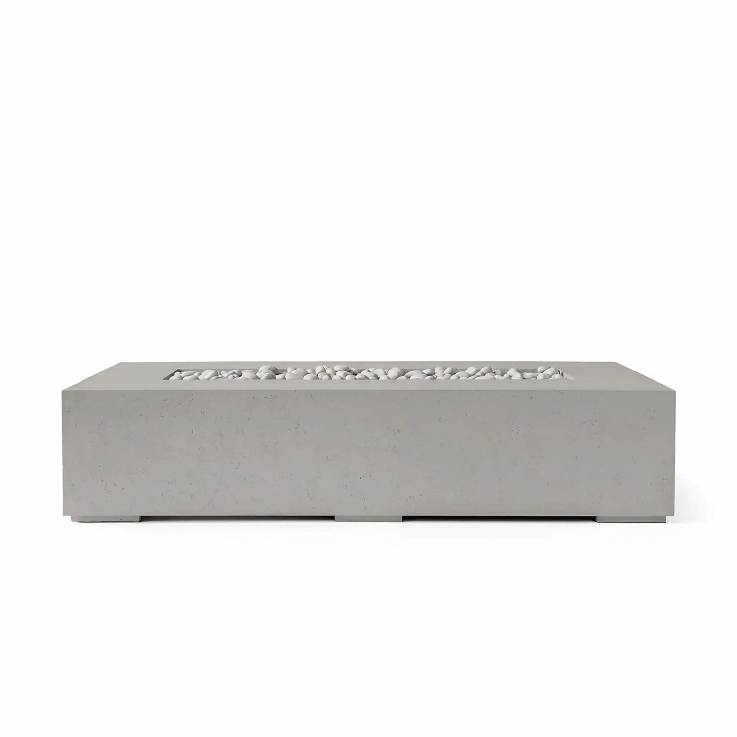 Front-facing product image of the HPC Fire & Hearth Products Dekko GFRC Concrete Sonoma 72 x 33 Fire Pit in a Sandstone finish with Ivory Stone fire media. This modern rectangular outdoor fire pit features a low-profile architectural design, durable GFRC concrete construction, and a recessed burner area filled with smooth ivory decorative stones. Displayed on a clean white background, the Sonoma fire pit highlights contemporary styling for luxury patios, outdoor lounges, and backyard entertaining spaces.