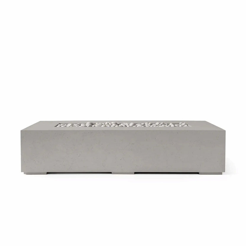 Front-facing product image of the HPC Fire & Hearth Products Dekko GFRC Concrete Sonoma 72 x 33 Fire Pit in a Sandstone finish with Ivory Stone fire media. This modern rectangular outdoor fire pit features a low-profile architectural design, durable GFRC concrete construction, and a recessed burner area filled with smooth ivory decorative stones. Displayed on a clean white background, the Sonoma fire pit highlights contemporary styling for luxury patios, outdoor lounges, and backyard entertaining spaces.