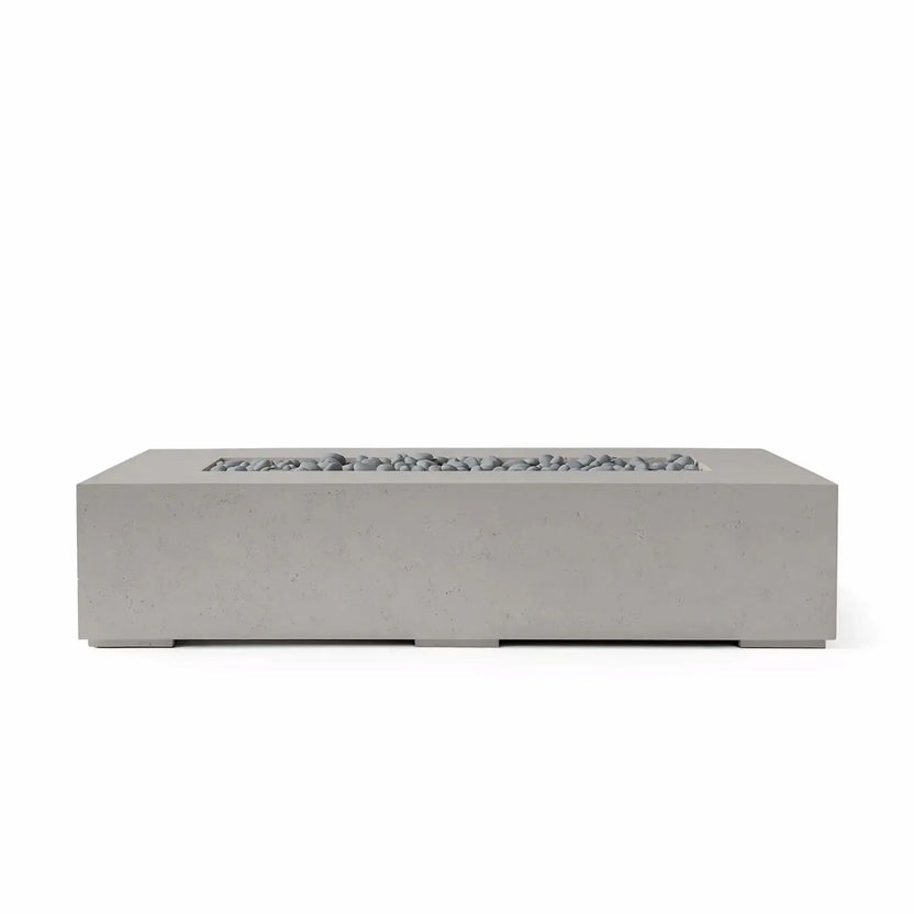 Product image of the HPC Fire & Hearth Products Dekko GFRC Concrete Sonoma 72 x 33 Fire Pit in a Sandstone finish with Slate Stone media. The rectangular outdoor fire feature features durable glass fiber reinforced concrete construction, a sleek modern profile, and a recessed burner opening filled with smooth gray slate stones. Presented on a white background, this Sonoma fire pit showcases a refined neutral color palette designed to complement upscale patios, outdoor seating areas, and contemporary spaces.