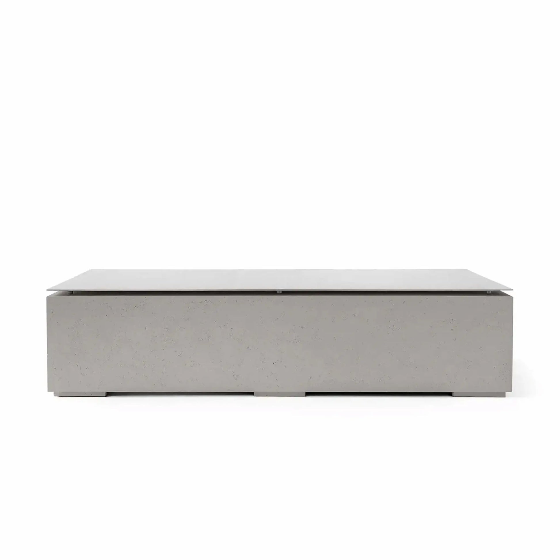 HPC Fire & Hearth Products Controls Dekko GFRC Concrete Sonoma 72 x 33 Fire Pit Sandstone Table Top Lid displayed in a light sandstone concrete finish. The rectangular fire pit features a matching tabletop lid that conceals the burner compartment and provides additional functionality when not in use. Clean lines, durable GFRC concrete construction, and a neutral finish make it a versatile addition to modern outdoor spaces.
