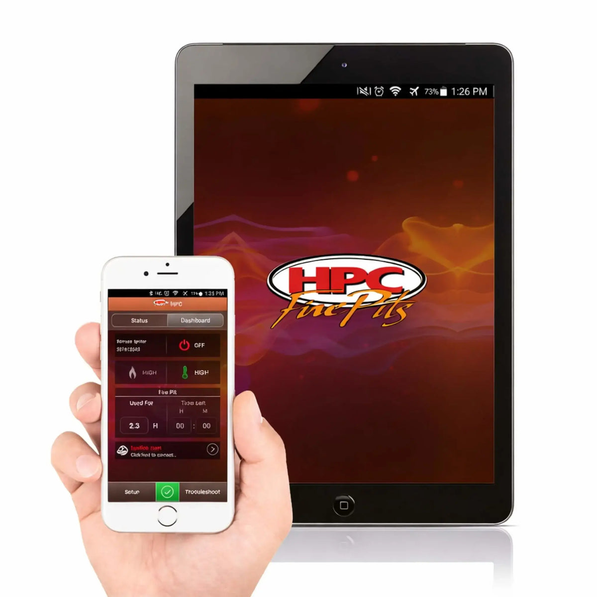 HPC Fire Hearth Products Controls EI Hi Low adjustable flame control app shown on both iPad and iPhone devices alongside a handheld remote, demonstrating smart fire pit control with wireless ignition, flame height adjustment, and real-time system monitoring through a modern mobile interface.