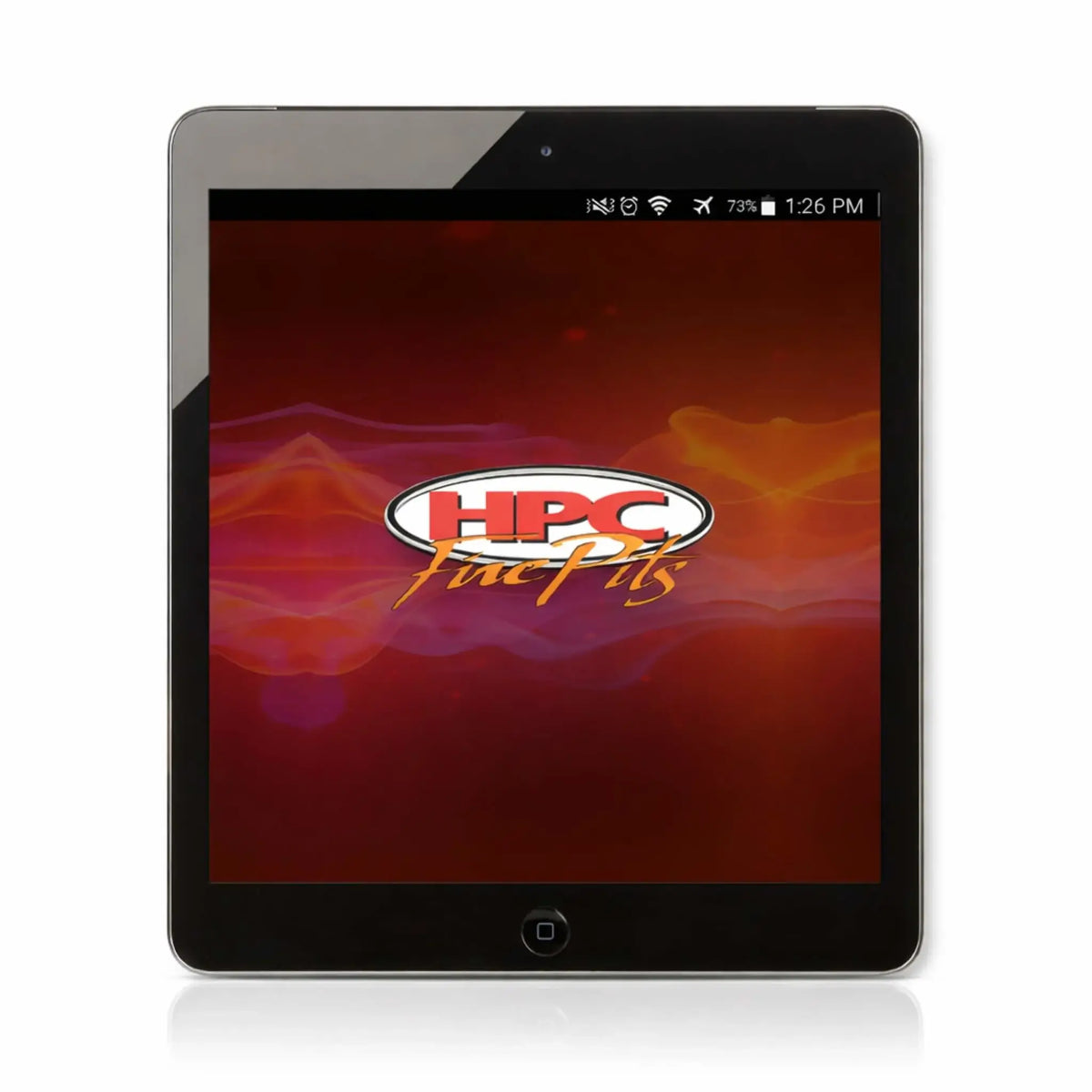 HPC Fire Hearth Products Controls EI Hi Low adjustable flame control app displayed on an iPad screen, featuring the HPC Fire Pits interface with a sleek dashboard design for controlling ignition, flame height, and system status of a gas fire pit from a tablet device.