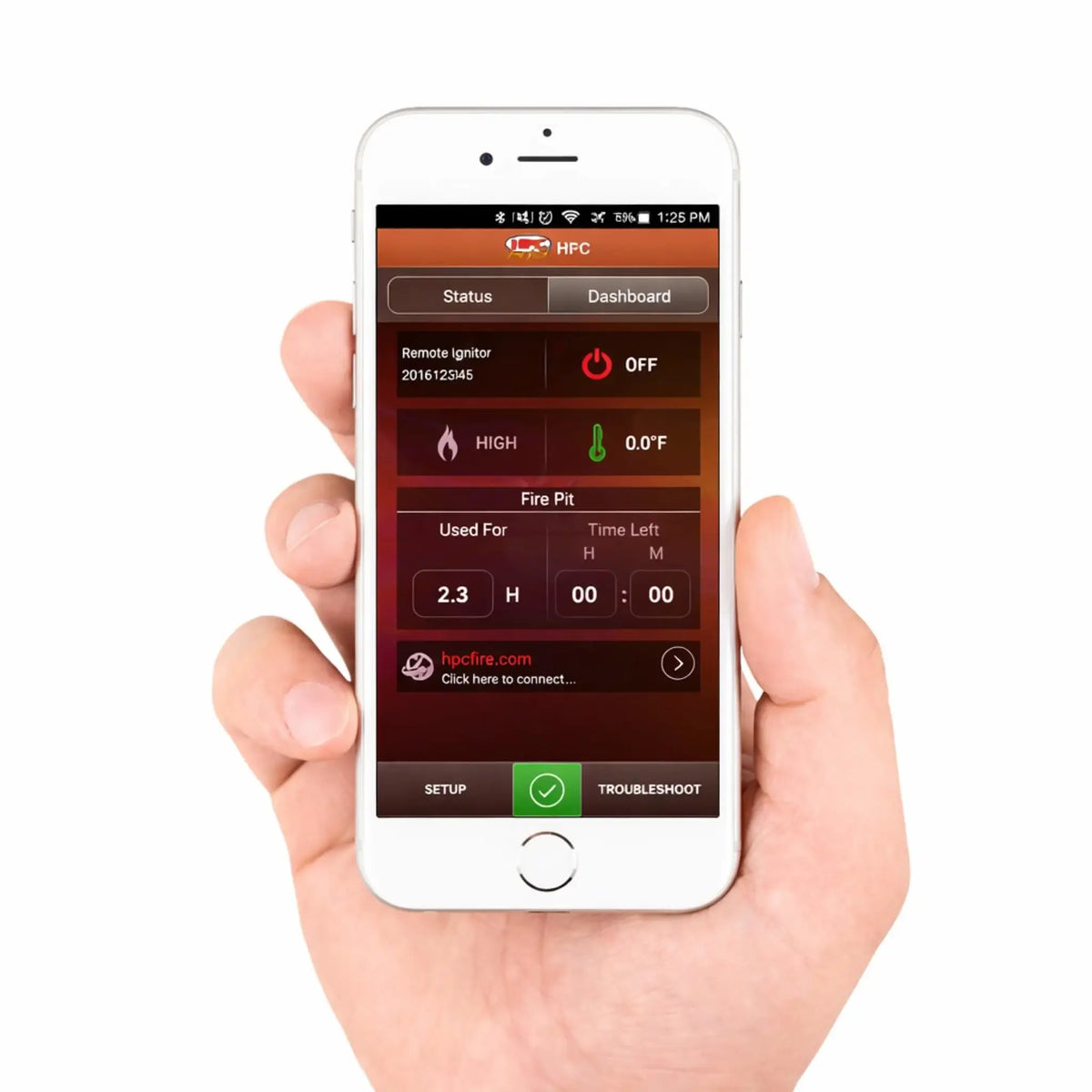 HPC Fire Hearth Products Controls EI Hi Low adjustable flame control app on an iPhone showing ignition status, flame level, and timer settings, illustrating convenient mobile control of a gas fire pit system with an intuitive touchscreen interface for precise heat management.
