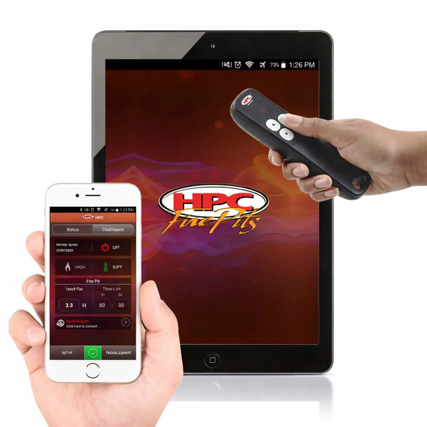 HPC Fire Hearth Products Controls EI Hi Low adjustable flame control app with handheld remote, featuring iPhone app controls and a physical remote used together for wireless operation of fire pit ignition and flame adjustment, combining smart technology with manual convenience.