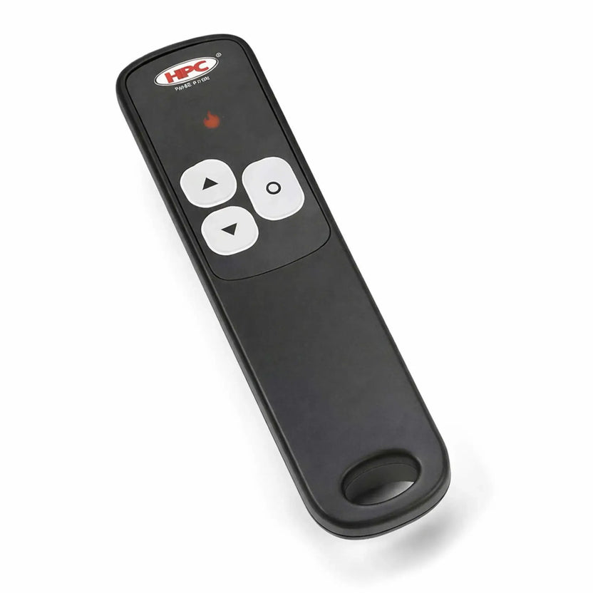 HPC Fire Hearth Products Controls EI Hi Low adjustable flame control remote solo unit, showing a sleek black handheld remote with simple button layout for ignition, flame increase, and decrease, designed for easy wireless control of gas fire pit systems.