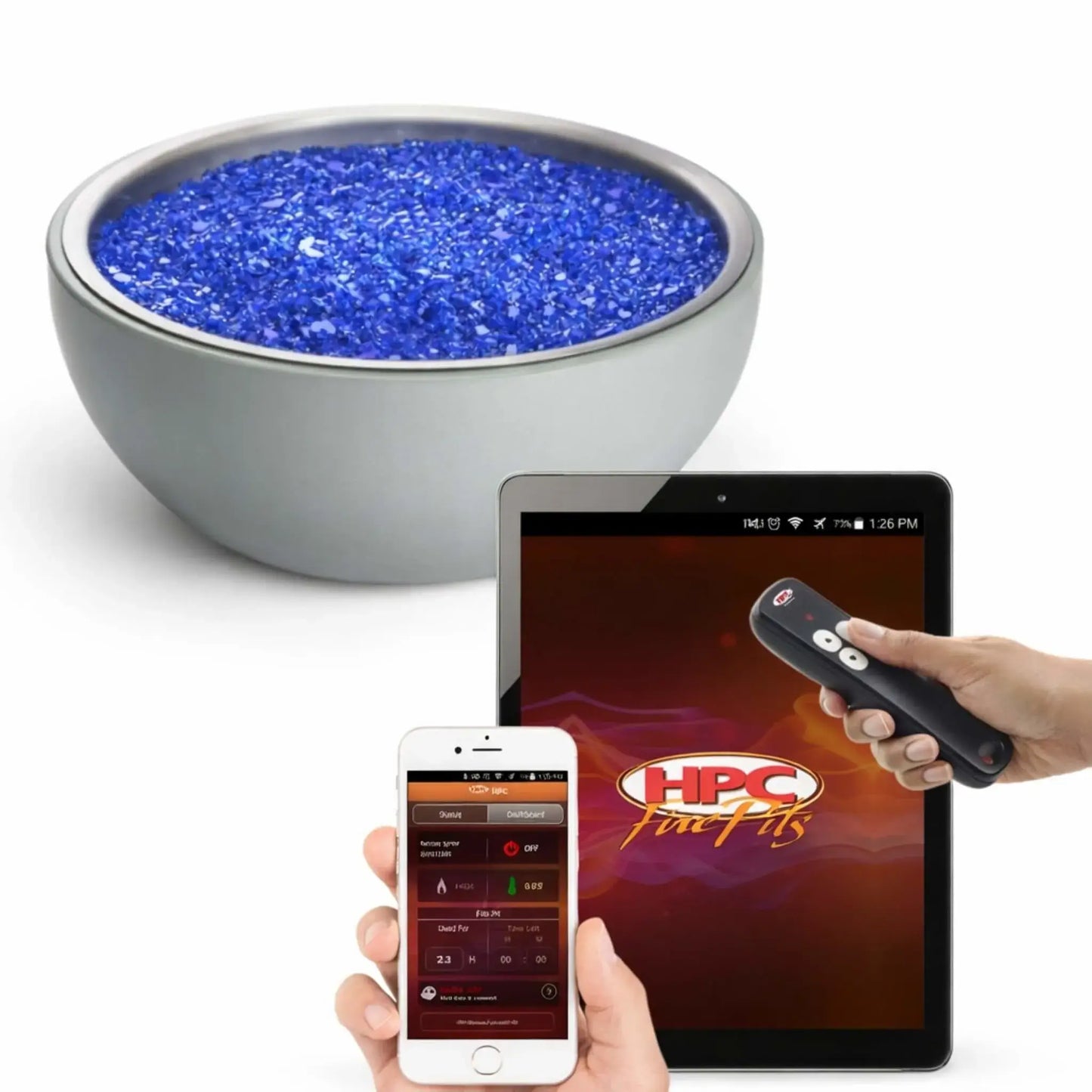 HPC Fire Hearth Products Controls EI High Low fire pit ignition insert displayed with a modern aluminum bowl filled with vibrant blue fire glass, highlighting a clean, contemporary fire feature design paired with advanced electronic ignition and adjustable flame control technology for outdoor fire pits.
