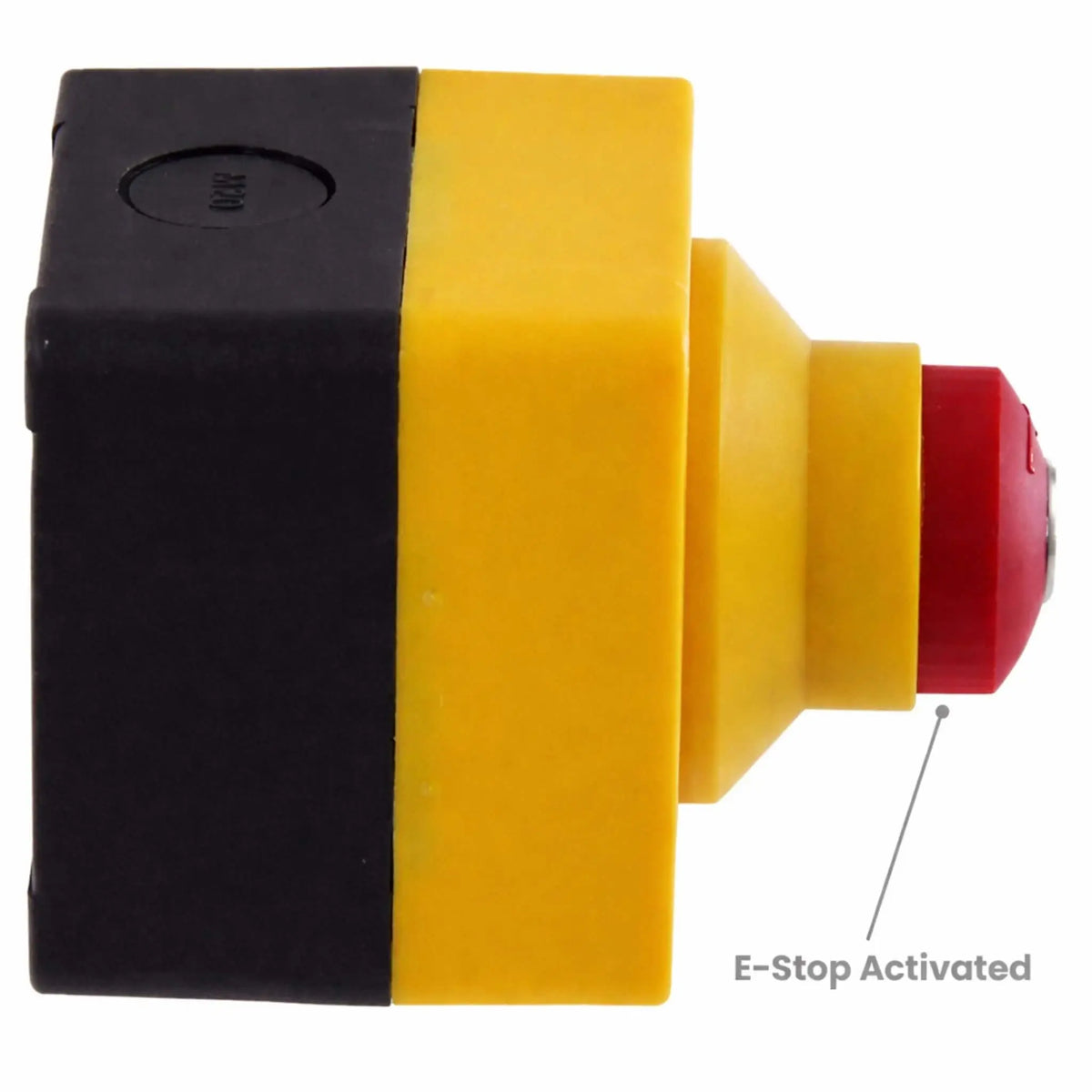 Side profile of an emergency stop control box in the activated position, showing the red button extended outward to indicate shutdown. The yellow and black enclosure highlights its industrial-grade build, with the extended button clearly signaling that the connected system has been safely disabled.