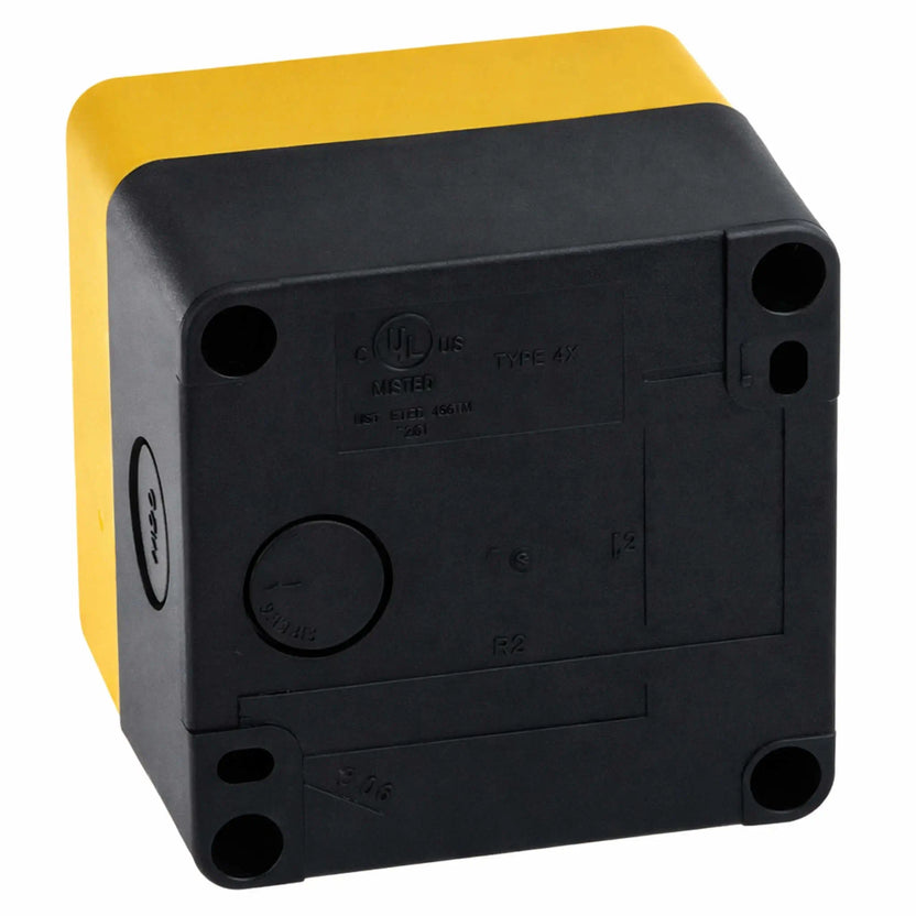 Rear view of a commercial emergency stop control box showing black plastic housing with molded UL certification markings, mounting holes, and knockout ports for conduit entry. The backside highlights wiring access points and structural design for secure installation in fire feature or electrical control systems.
