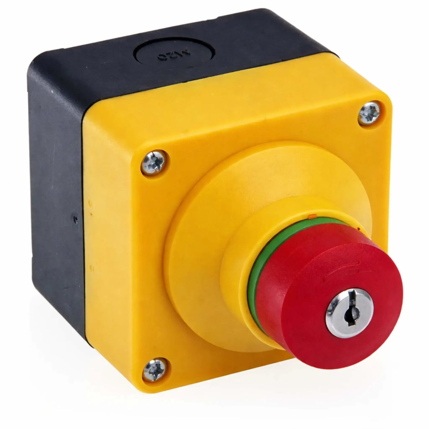 Angled front view of a commercial emergency stop button featuring a yellow faceplate and red push-button without the key inserted. The rugged design includes visible mounting screws and a recessed green indicator ring, emphasizing its use in safety shutoff systems for fire features or industrial controls.