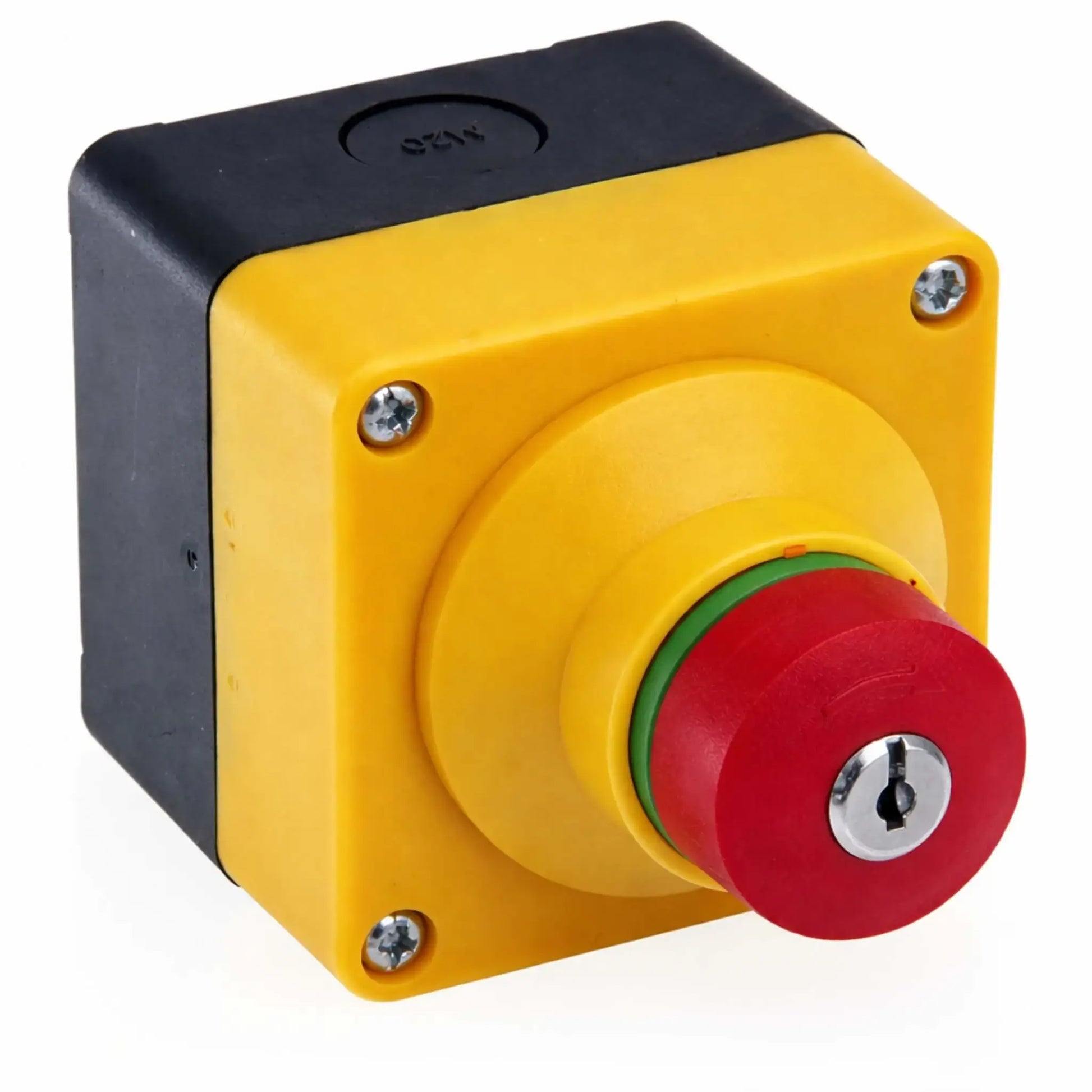 Angled front view of a commercial emergency stop button featuring a yellow faceplate and red push-button without the key inserted. The rugged design includes visible mounting screws and a recessed green indicator ring, emphasizing its use in safety shutoff systems for fire features or industrial controls.