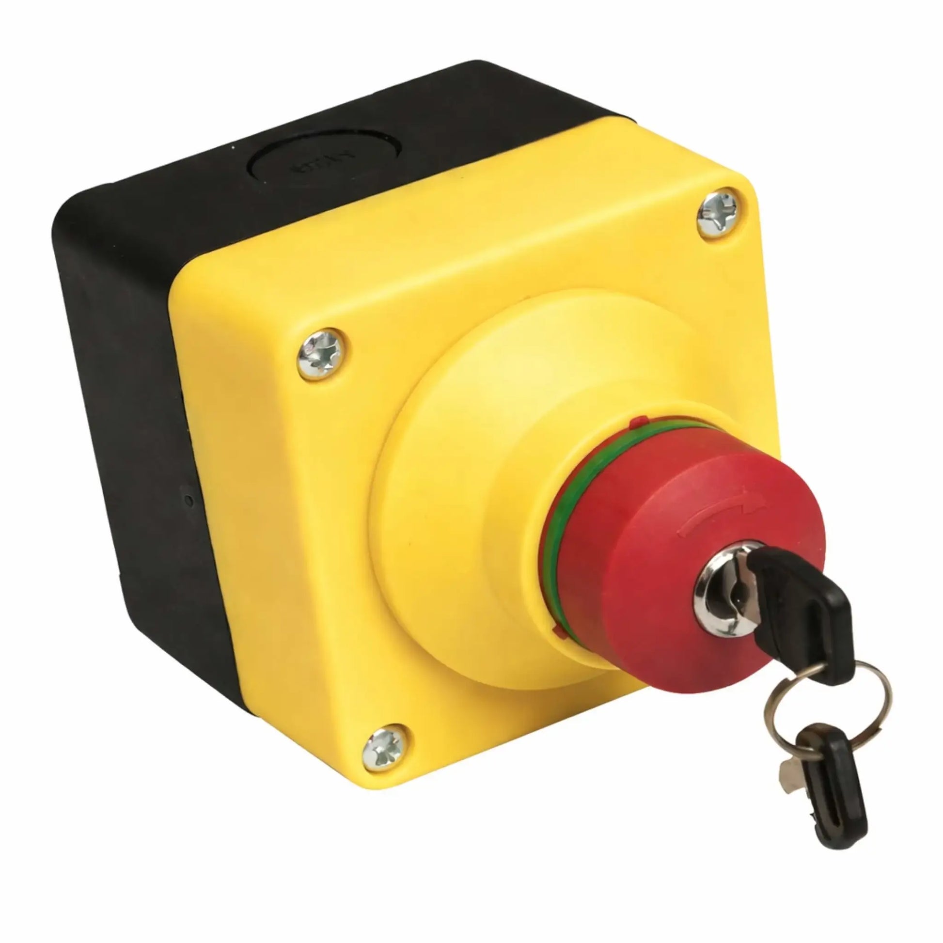 Bright yellow industrial emergency stop control box with a red mushroom-style E-stop button and keyed reset mechanism. The unit features a durable black housing, four corner mounting screws, and a protruding push-to-stop button designed for commercial fire pit or gas appliance safety shutoff applications.