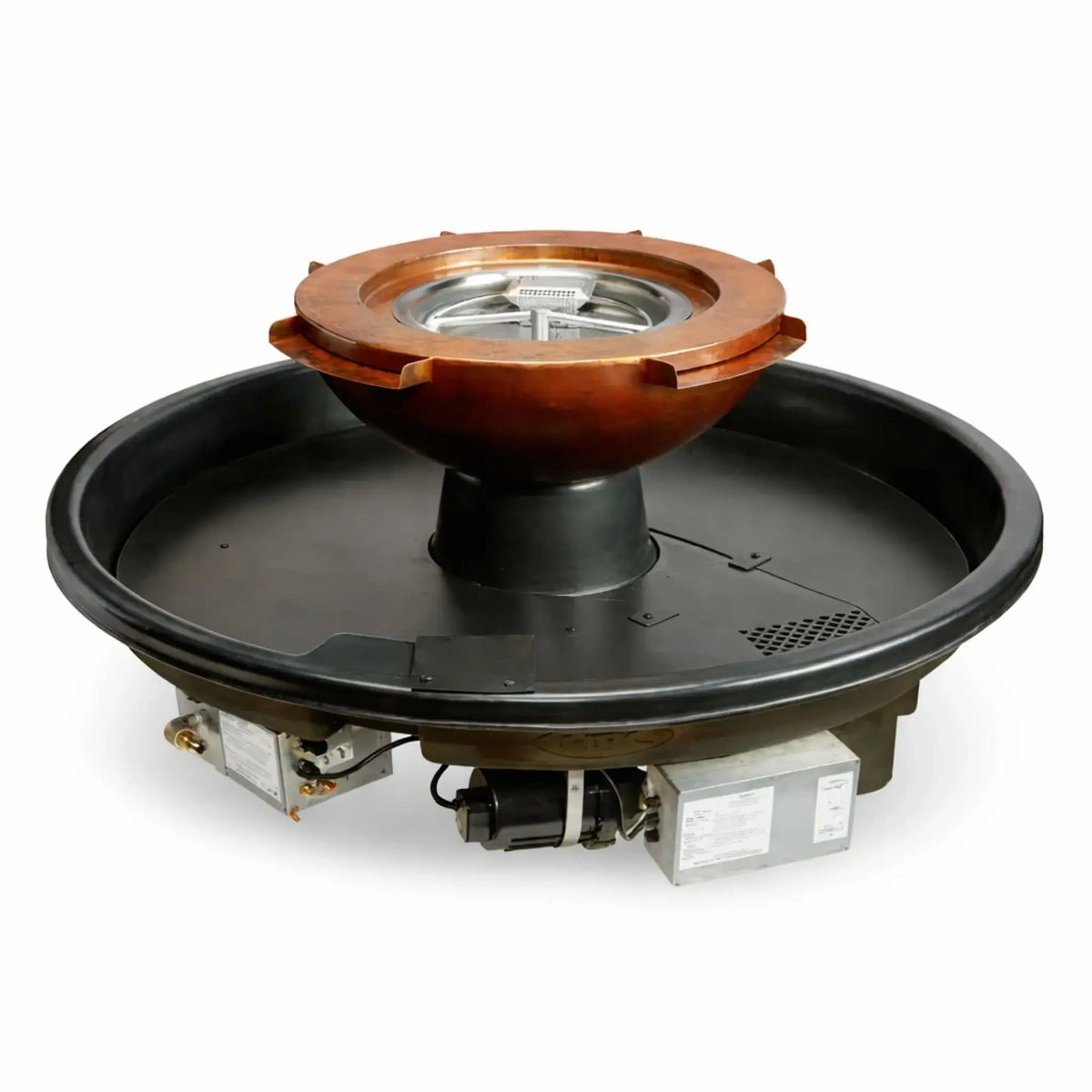 A clean product image of the HPC Fire Evolution 360 fire and water feature system on a white background, showing the integrated basin, copper water bowl, and internal burner assembly. The unit includes visible control boxes, pump housing, and ignition components beneath the circular reservoir, highlighting the 4-scupper fire water design and engineered construction.