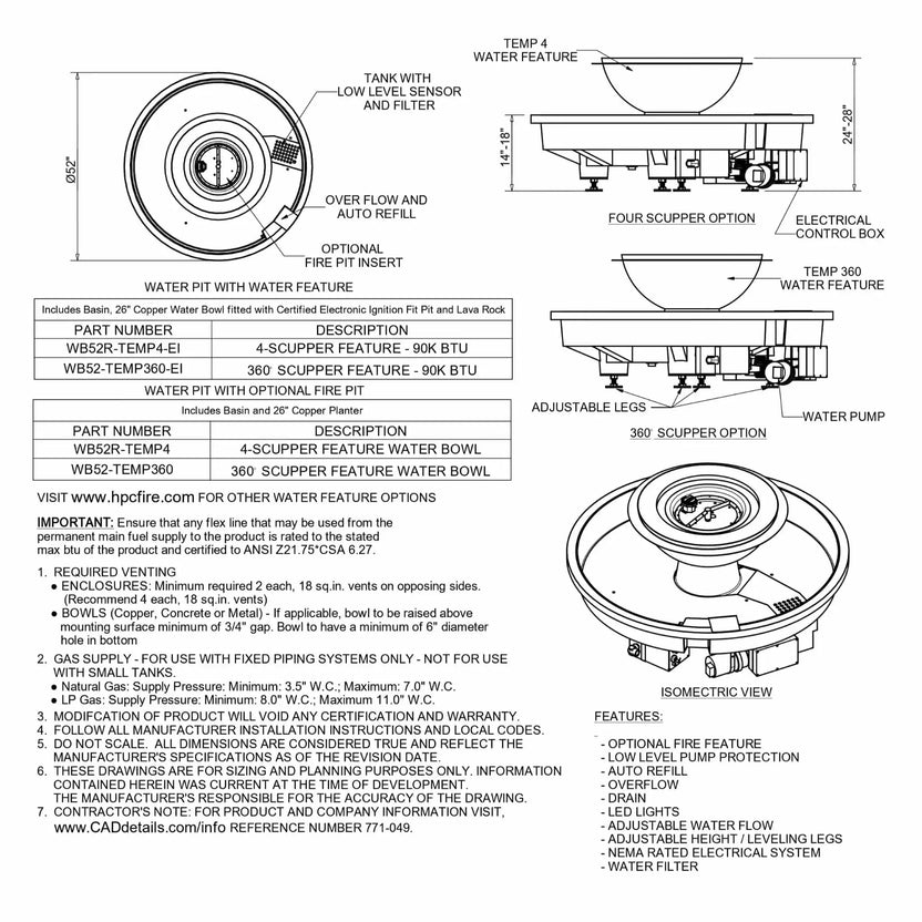 HPC Fire Hearth Products Controls Evolution 360 fire water feature Vesta award winning specification sheet showing detailed technical drawings of a circular water pit with integrated fire feature. Includes top, side, and isometric views with labeled components like scupper options, water pump, electrical control box, overflow system, and low-level sensor, along with part numbers, BTU ratings, and installation notes for combined fire and water feature systems.