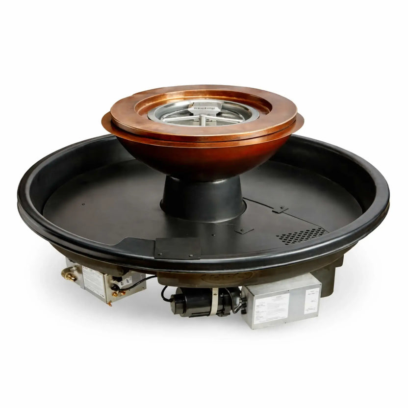Studio product image of the HPC Fire Evolution 360 True Fire Water system on a white background, showing the copper bowl, integrated basin, and internal components including pump and control box. The design highlights the all-in-one fire and water feature construction.