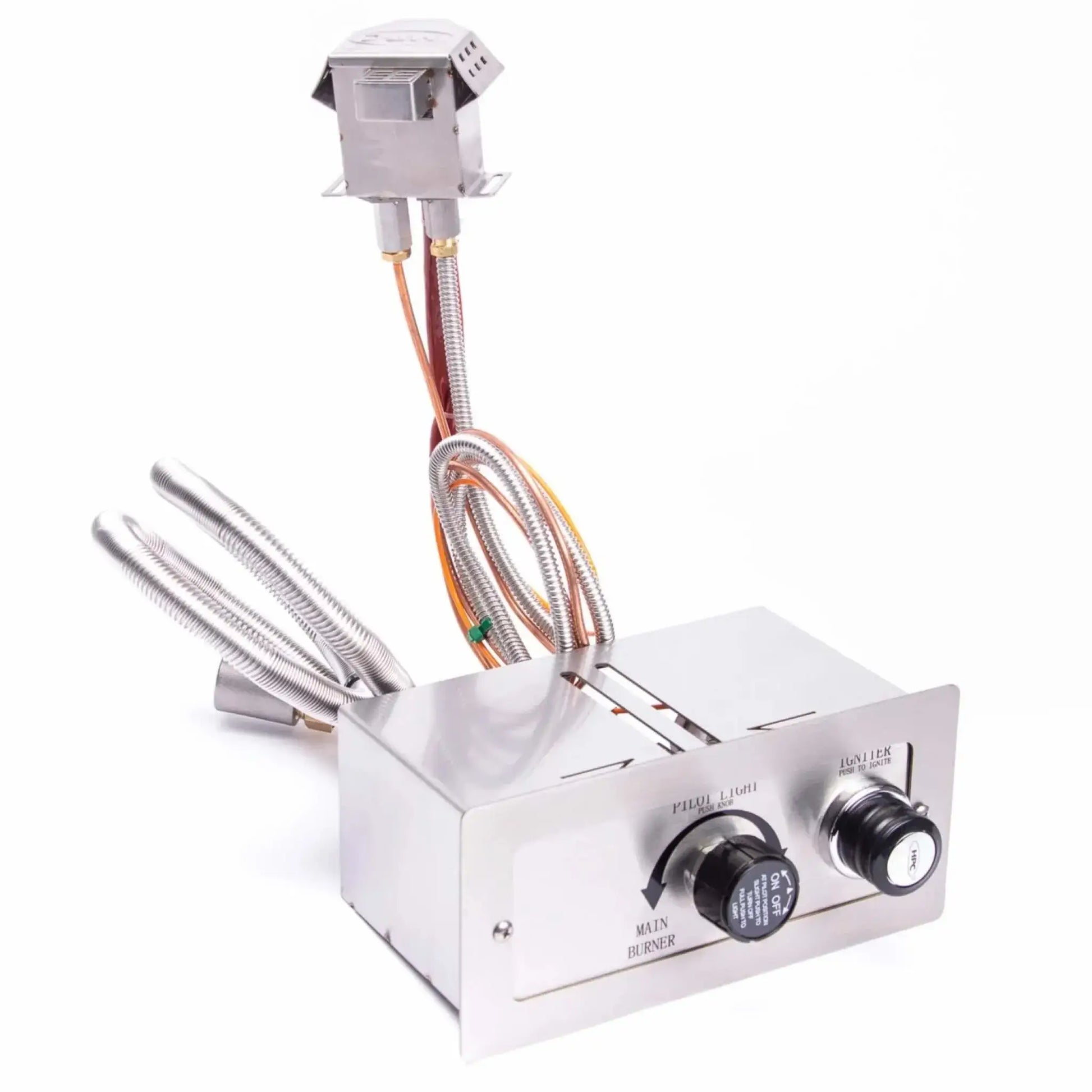 Close-up of an HPC flame-sensing push-button ignition system with stainless steel control box, dual control knobs labeled for pilot light and main burner, flexible gas lines, and pilot assembly. Designed for fire pit applications, this ignition kit features durable metal construction and integrated wiring for reliable outdoor gas fire ignition control.