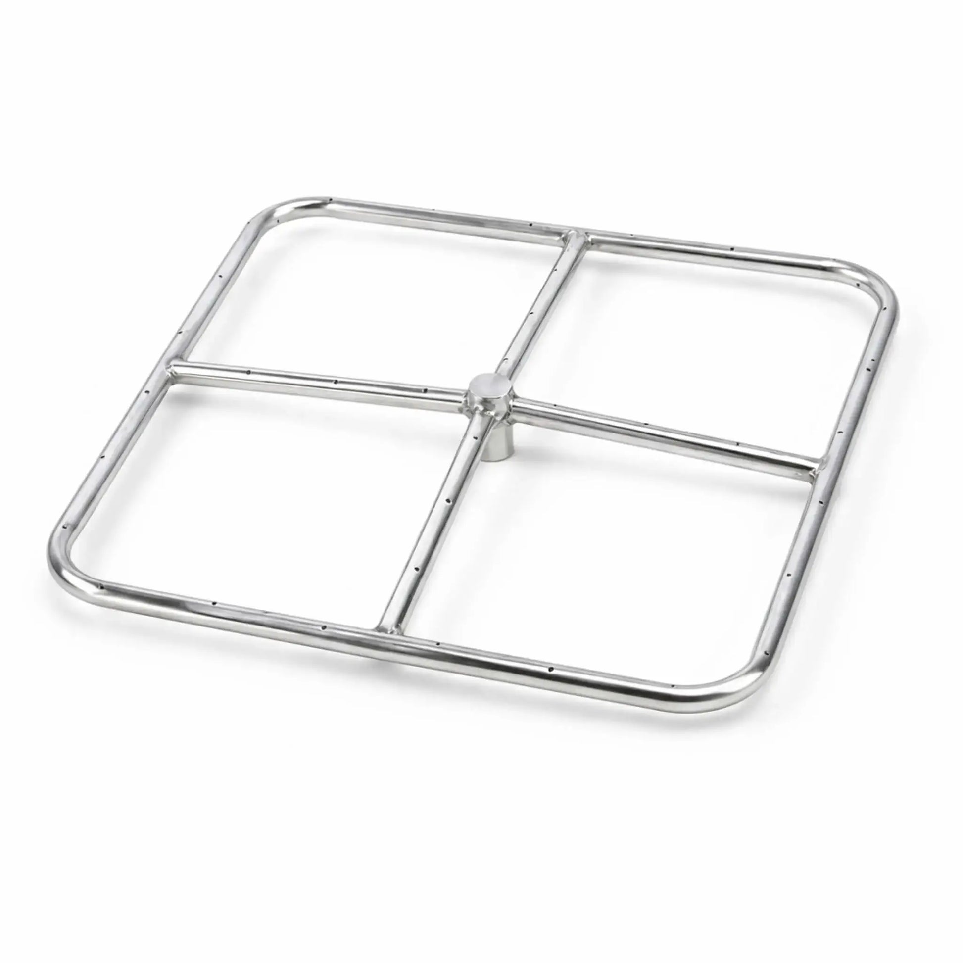 Close-up of a square stainless steel fire pit burner featuring a four-section cross design with evenly spaced gas ports along the tubing. The compact layout is ideal for 12" to 18" fire pits, offering consistent flame distribution in a clean, corrosion-resistant 304 stainless steel construction on a white background.