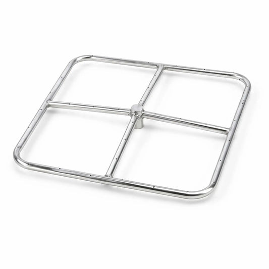 Close-up of a square stainless steel fire pit burner featuring a four-section cross design with evenly spaced gas ports along the tubing. The compact layout is ideal for 12" to 18" fire pits, offering consistent flame distribution in a clean, corrosion-resistant 304 stainless steel construction on a white background.