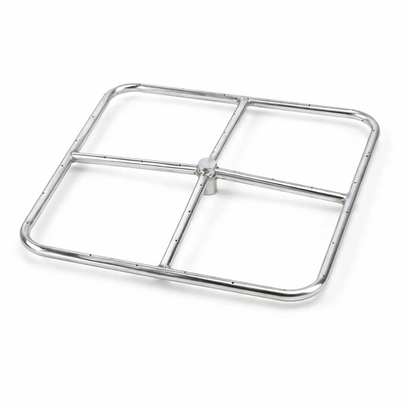 Close-up of a square stainless steel fire pit burner featuring a four-section cross design with evenly spaced gas ports along the tubing. The compact layout is ideal for 12" to 18" fire pits, offering consistent flame distribution in a clean, corrosion-resistant 304 stainless steel construction on a white background.