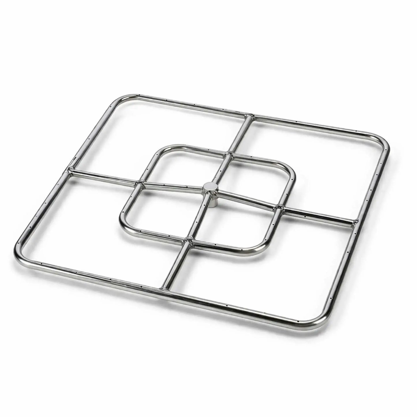 HPC Fire Hearth Products FRSSQ 24 square fire pit burner made from stainless steel, featuring a dual-square burner design with inner and outer rings connected by cross supports. Displayed on a white background, this square burner showcases precision-drilled flame ports for even gas distribution, making it ideal for modern square fire pit builds and custom outdoor gas fire feature installations.