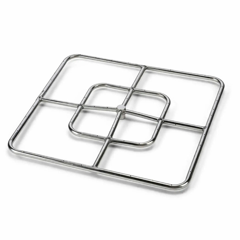 HPC Fire Hearth Products FRSSQ 24 square fire pit burner made from stainless steel, featuring a dual-square burner design with inner and outer rings connected by cross supports. Displayed on a white background, this square burner showcases precision-drilled flame ports for even gas distribution, making it ideal for modern square fire pit builds and custom outdoor gas fire feature installations.