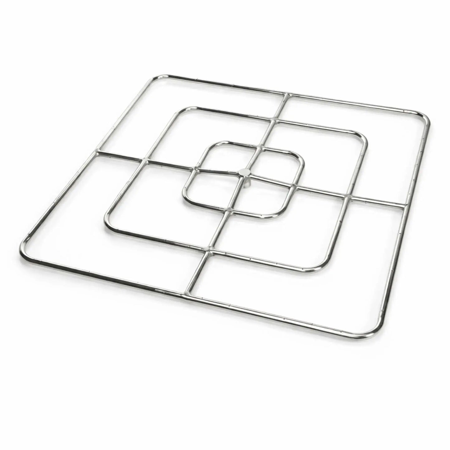 Large square stainless steel fire pit burner featuring a multi-ring design with both inner and outer square loops connected by a cross support. Ideal for 36" to 48" fire pits, this heavy-duty 304 stainless steel burner provides wide flame coverage and consistent heat output across larger fire features.