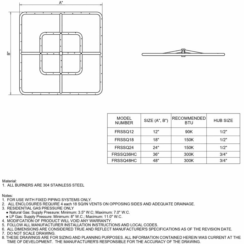 HPC Fire Hearth Products Controls FRSSQ square fire pit burner diagram and specification sheet showing detailed top and side views with labeled dimensions A and B. Includes a model chart for FRSSQ12 through FRSSQ48HC with size, recommended BTU output, and hub size, along with installation notes and material details for 304 stainless steel square fire pit burners used in outdoor gas fire feature design and planning.