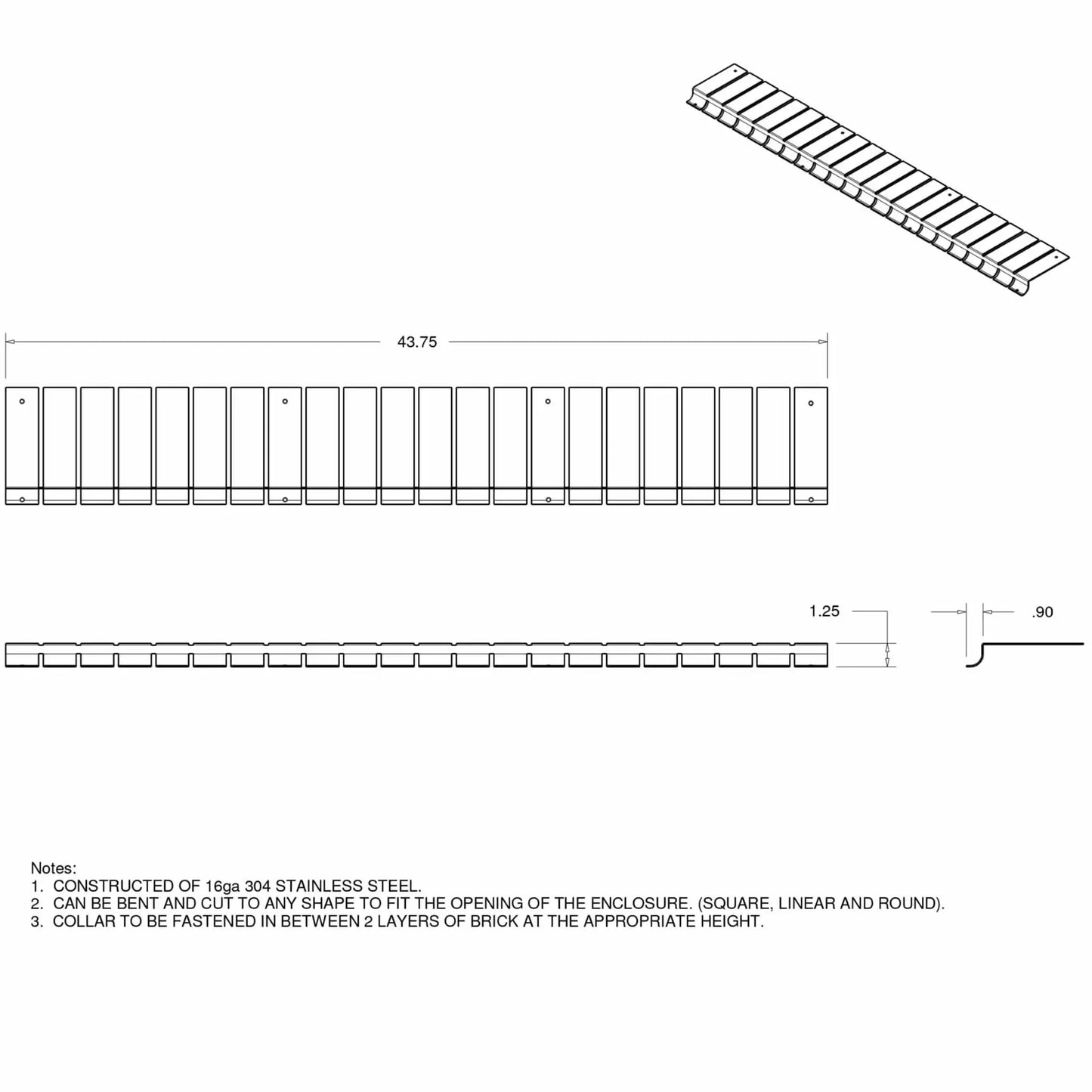 Detailed technical diagram of a stainless steel flex form fire pit installation collar showing overall length of 43.75 inches, segmented bendable tabs, side profile dimensions, and mounting holes. The spec sheet highlights 16 gauge 304 stainless steel construction and illustrates how the collar can be shaped to fit square, linear, or round fire pit enclosures.