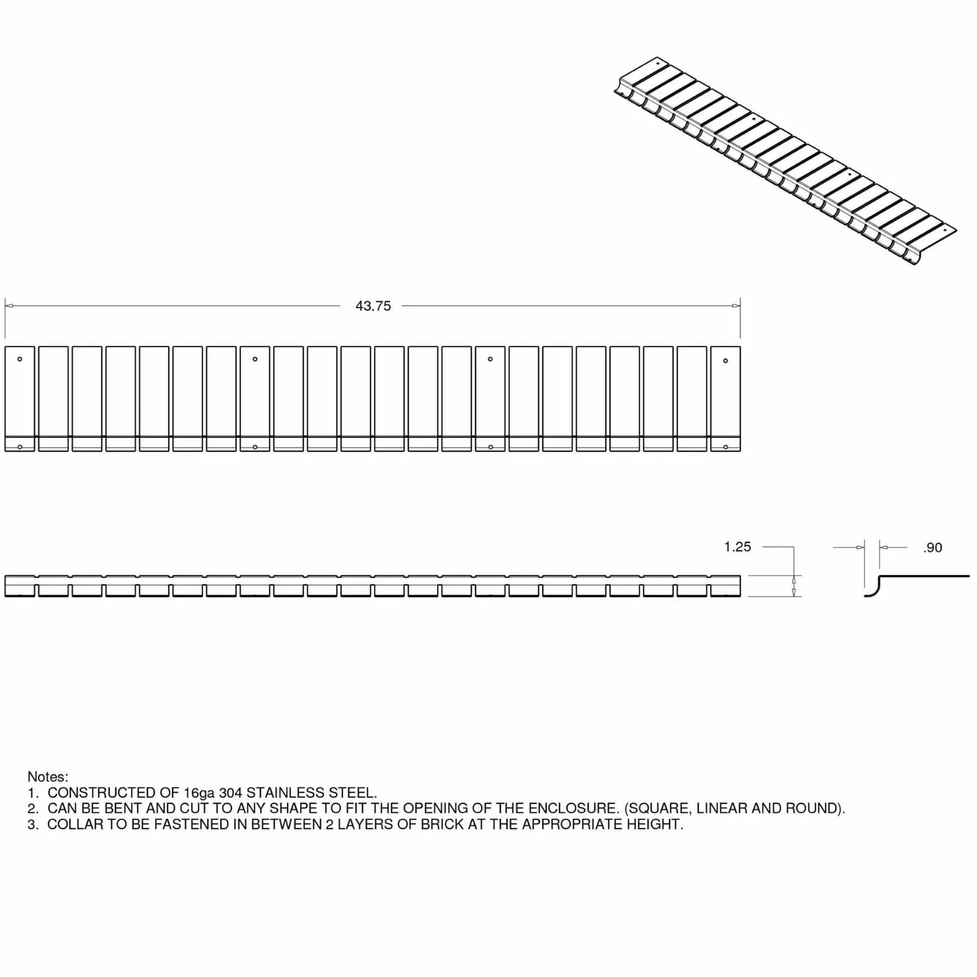 Detailed technical diagram of a stainless steel flex form fire pit installation collar showing overall length of 43.75 inches, segmented bendable tabs, side profile dimensions, and mounting holes. The spec sheet highlights 16 gauge 304 stainless steel construction and illustrates how the collar can be shaped to fit square, linear, or round fire pit enclosures.