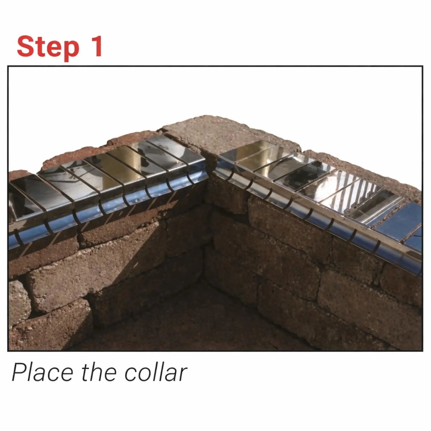 Step 1 installation image showing shiny stainless steel flex form collar sections being positioned along the top inner edge of a block fire pit enclosure. The adjustable segmented tabs rest between layers of stone, demonstrating initial placement before securing the fire pit insert support system.
