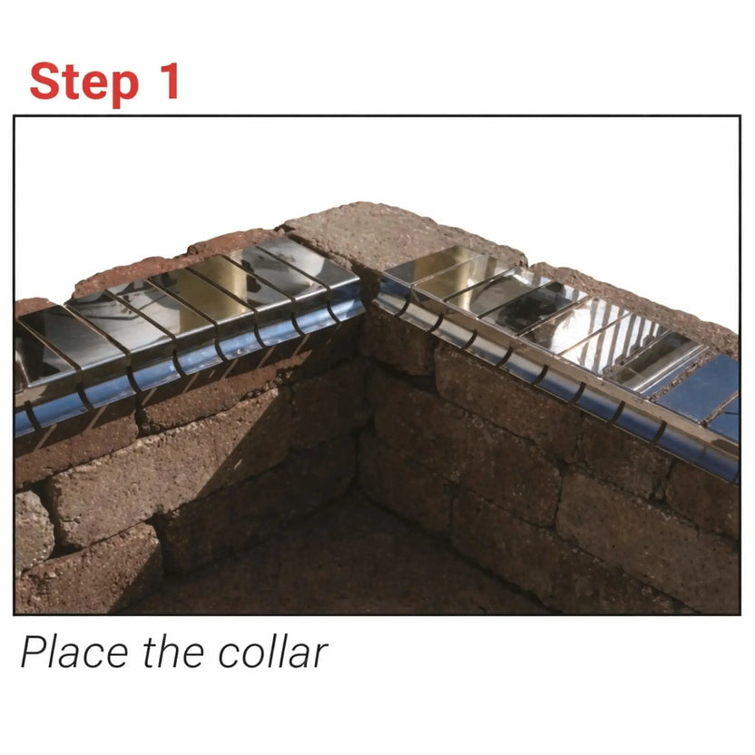 Step 1 installation image showing shiny stainless steel flex form collar sections being positioned along the top inner edge of a block fire pit enclosure. The adjustable segmented tabs rest between layers of stone, demonstrating initial placement before securing the fire pit insert support system.