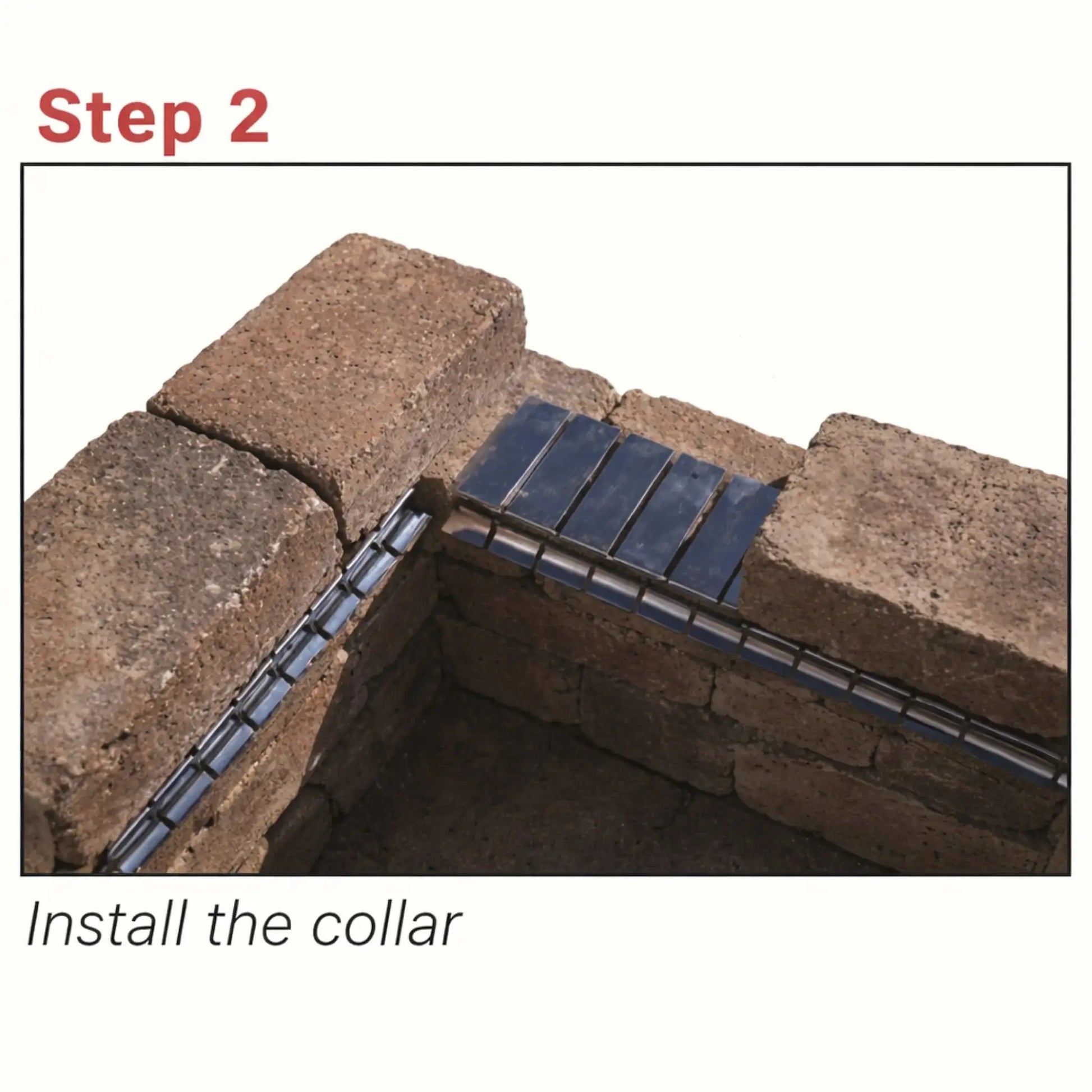 Step 2 installation view of the flex form stainless steel collar secured between stacked fire pit blocks. The segmented tabs are compressed between layers, forming a stable support ledge along the interior perimeter, ready to hold the burner pan or insert within the enclosure.