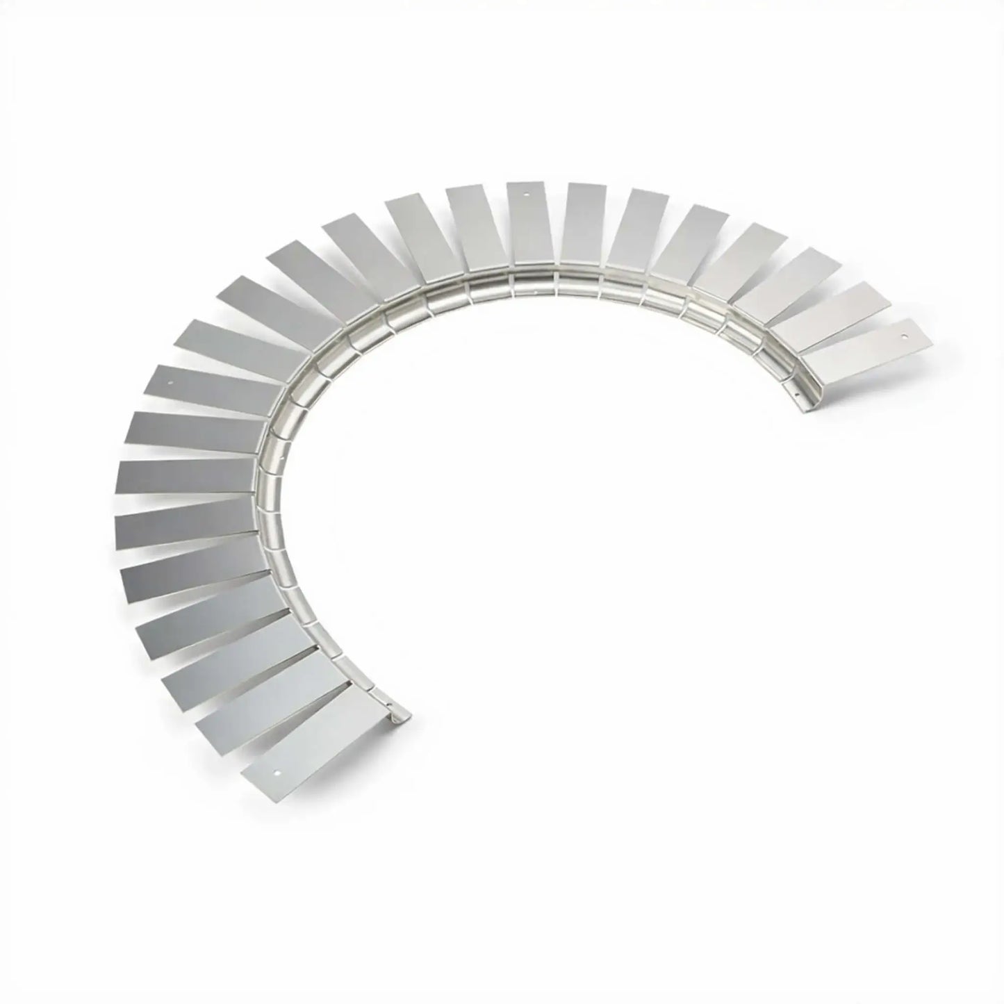 Top view of the flexible stainless steel fire pit installation collar arranged in a curved shape on a clean white background. The evenly spaced rectangular tabs and continuous hinge-like structure demonstrate its ability to form circular or custom-shaped fire pit openings for insert support.