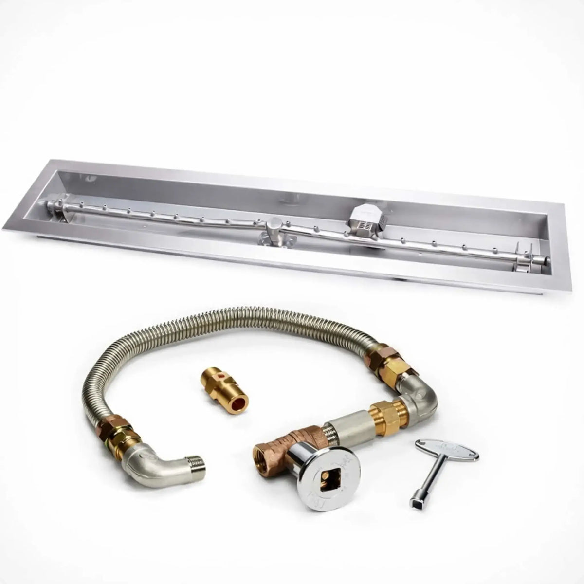 HPC Fire Hearth Products Controls fire pit ignition insert shown on a white background, featuring a high capacity match lit ignition system with a stainless steel linear trough drop in pan and torpedo burner. The kit includes a flexible gas line, brass fittings, shut off valve, and ignition key, clearly highlighting the components of this linear fire pit burner system.