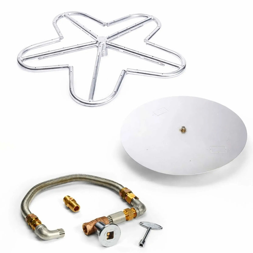 HPC Fire Hearth Products fire pit ignition insert kit featuring high capacity match lit ignition with penta burner and round flat pan, displayed on a white background. The image includes the stainless steel penta burner ring, round burner pan, flexible gas line, brass fittings, shutoff valve, and key tool, showing all components needed for a complete outdoor gas fire pit installation with manual lighting control.