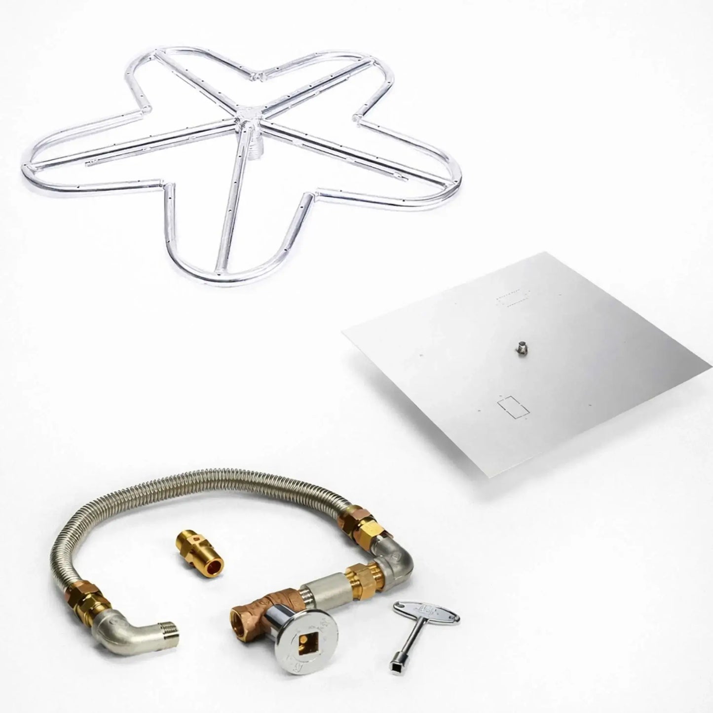 HPC Fire Hearth Products fire pit ignition insert kit with high capacity match lit ignition and Penta square flat pan, displayed on a clean white background. The image shows a square stainless steel pan, flexible gas line, brass fittings, control valve, and a star-shaped burner designed for even flame distribution in custom gas fire pit installations.