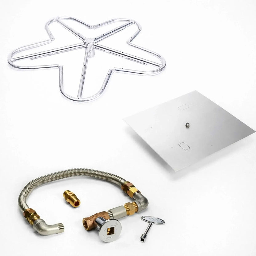 HPC Fire Hearth Products fire pit ignition insert kit with high capacity match lit ignition and Penta square flat pan, displayed on a clean white background. The image shows a square stainless steel pan, flexible gas line, brass fittings, control valve, and a star-shaped burner designed for even flame distribution in custom gas fire pit installations.