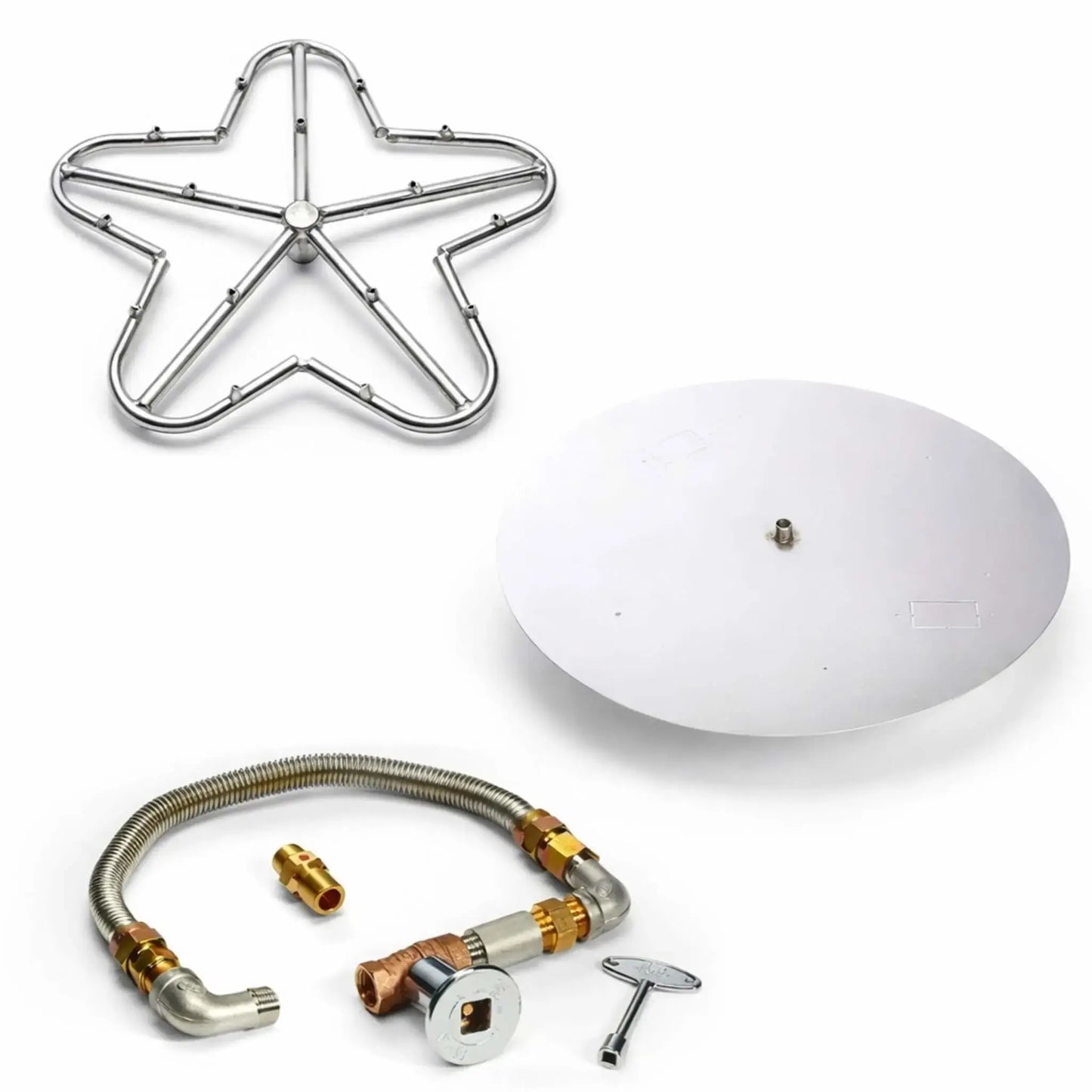 HPC fire pit ignition insert with torpedo-style penta burner and round flat pan shown on white background, including stainless steel burner ring, gas flex connector, brass valve assembly, and ignition key, designed for reliable match lit fire pit performance.