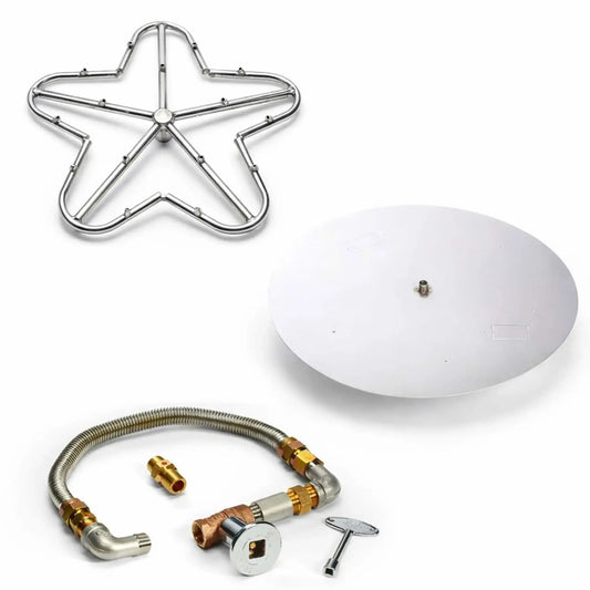 HPC fire pit ignition insert with torpedo-style penta burner and round flat pan shown on white background, including stainless steel burner ring, gas flex connector, brass valve assembly, and ignition key, designed for reliable match lit fire pit performance.