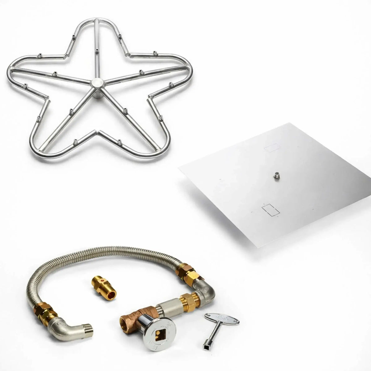 HPC Fire Hearth Products fire pit ignition insert kit with high capacity match lit ignition, featuring a penta torpedo burner and square flat pan, displayed on a white background. The image includes the stainless steel burner assembly, square mounting pan, flexible gas connector, brass fittings, shutoff valve, and key, showing a complete manual ignition system for outdoor gas fire pit installations.