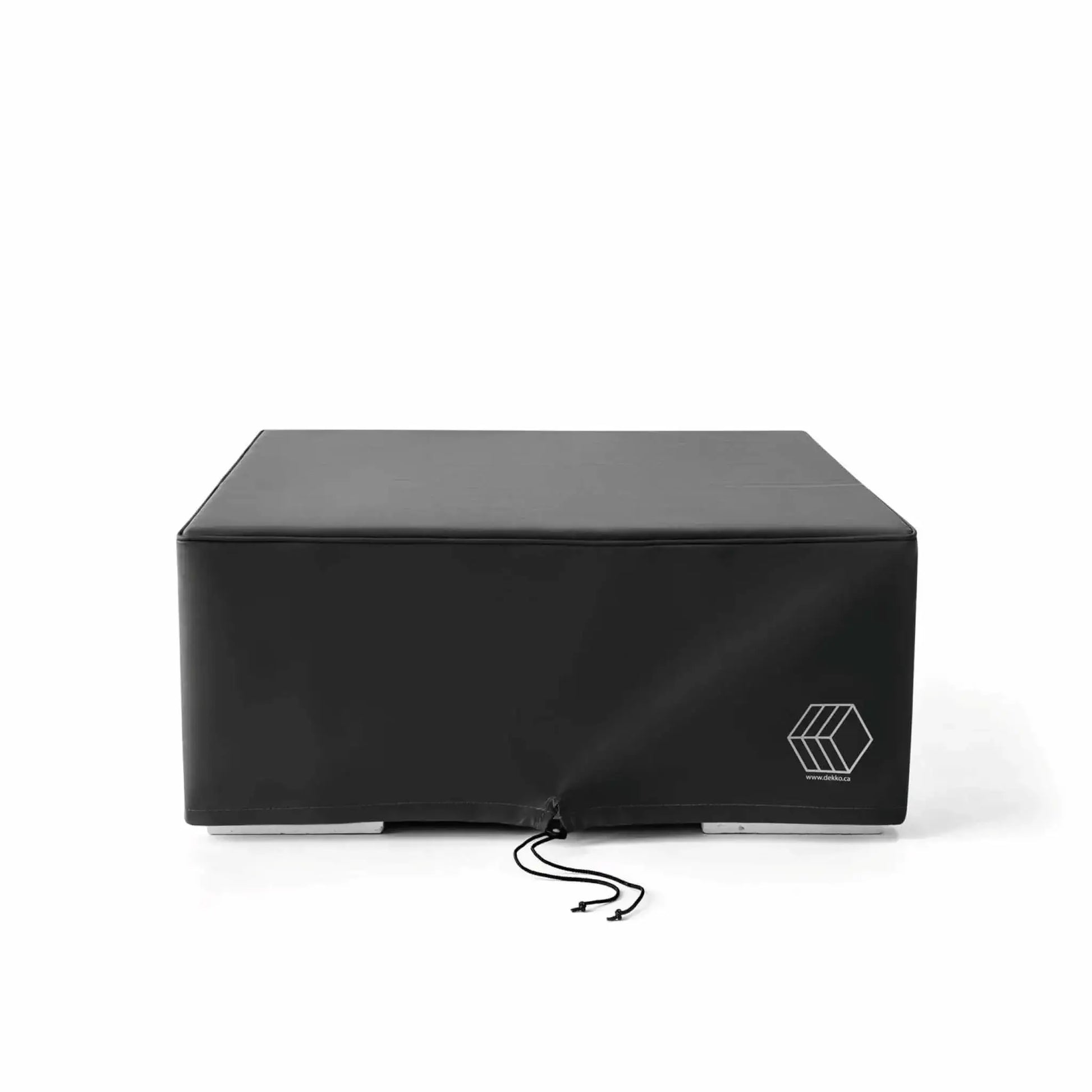 HPC Fire Hearth Products Controls GFRC Concrete Alea 32 x 32 Weather Cover shown in a studio product image on a clean white background. This square black protective cover is designed to shield Alea 32-inch by 32-inch GFRC concrete fire pit tables and controls from rain, dust, debris, and outdoor weather exposure. The durable weather-resistant cover features reinforced seams, a secure drawstring closure, and a branded HPC logo on the lower corner for a clean, professional appearance.
