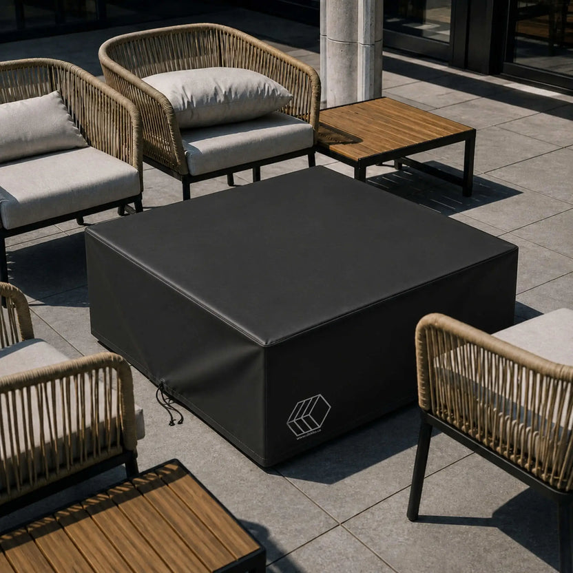 HPC Fire Hearth Products Controls GFRC Concrete Alea 40 x 40 Weather Cover protecting a square outdoor fire pit table within a modern patio seating area. The black weather-resistant cover is securely fitted over the fire feature and surrounded by woven lounge chairs with neutral cushions and teak accent tables. This lifestyle image highlights how the Alea 40 x 40 weather cover safeguards outdoor fire pit equipment from moisture, dirt, sunlight, and seasonal weather while maintaining a clean, upscale patio a