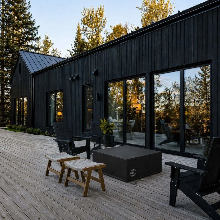 HPC Fire Hearth Products Controls GFRC Concrete Alea 40 x 40 Weather Cover displayed on a spacious contemporary wood deck outside a modern black-clad home with expansive glass windows. The fitted black protective cover conceals and protects a square Alea fire pit table between Adirondack chairs and outdoor seating. This lifestyle setting demonstrates the cover’s ability to preserve outdoor fire features from rain, snow, debris, UV damage, and changing weather conditions while complementing modern Patio.