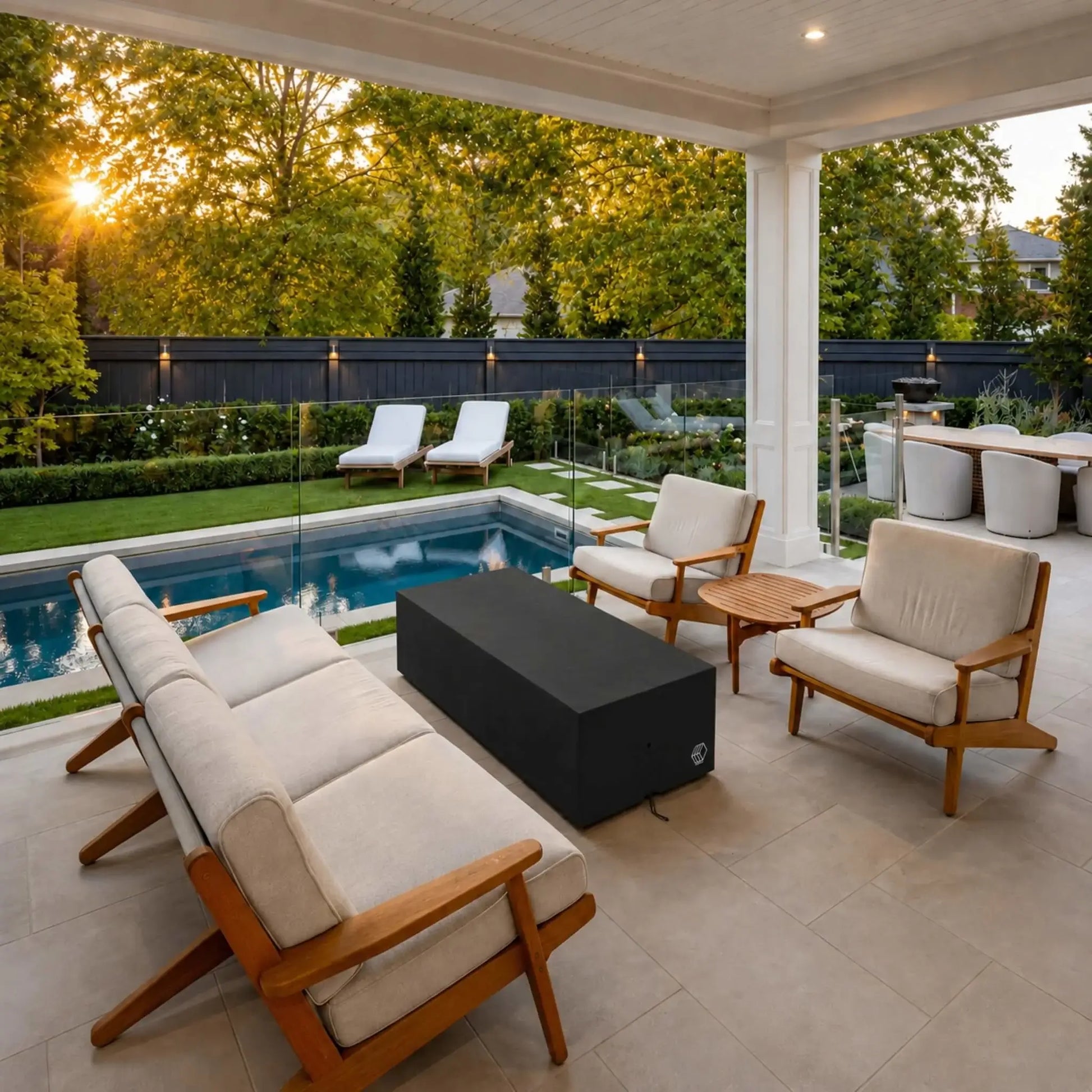 HPC Fire & Hearth Products Controls GFRC Concrete Avera 48 x 26 Weather Cover positioned on a covered backyard patio overlooking a landscaped pool and garden. The fitted black cover conceals and protects a rectangular fire pit table between cushioned lounge seating, showcasing weather-resistant protection for outdoor fire features while complementing elegant residential outdoor living and entertaining spaces.