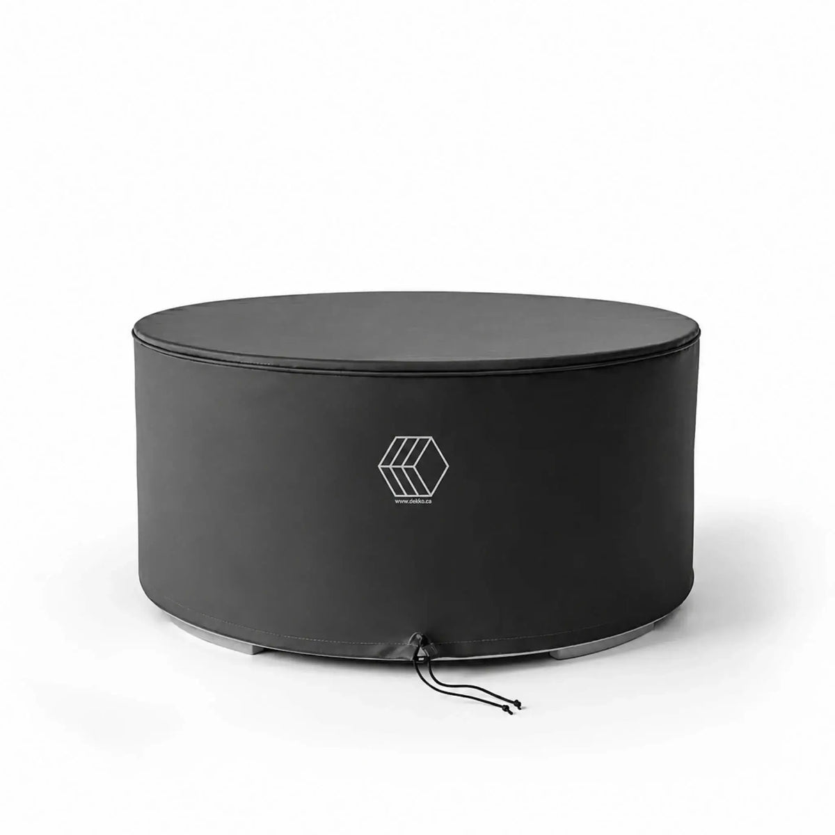 HPC Fire Hearth Products GFRC Concrete Belmont Weather Cover shown in a clean studio product image on a white background. This round black weather-resistant cover is designed to protect the Belmont GFRC concrete fire pit burner area and controls from rain, debris, and outdoor elements. The durable fitted design features a smooth top surface, reinforced seams, and a drawstring closure at the base for a secure fit over a circular outdoor fire feature.